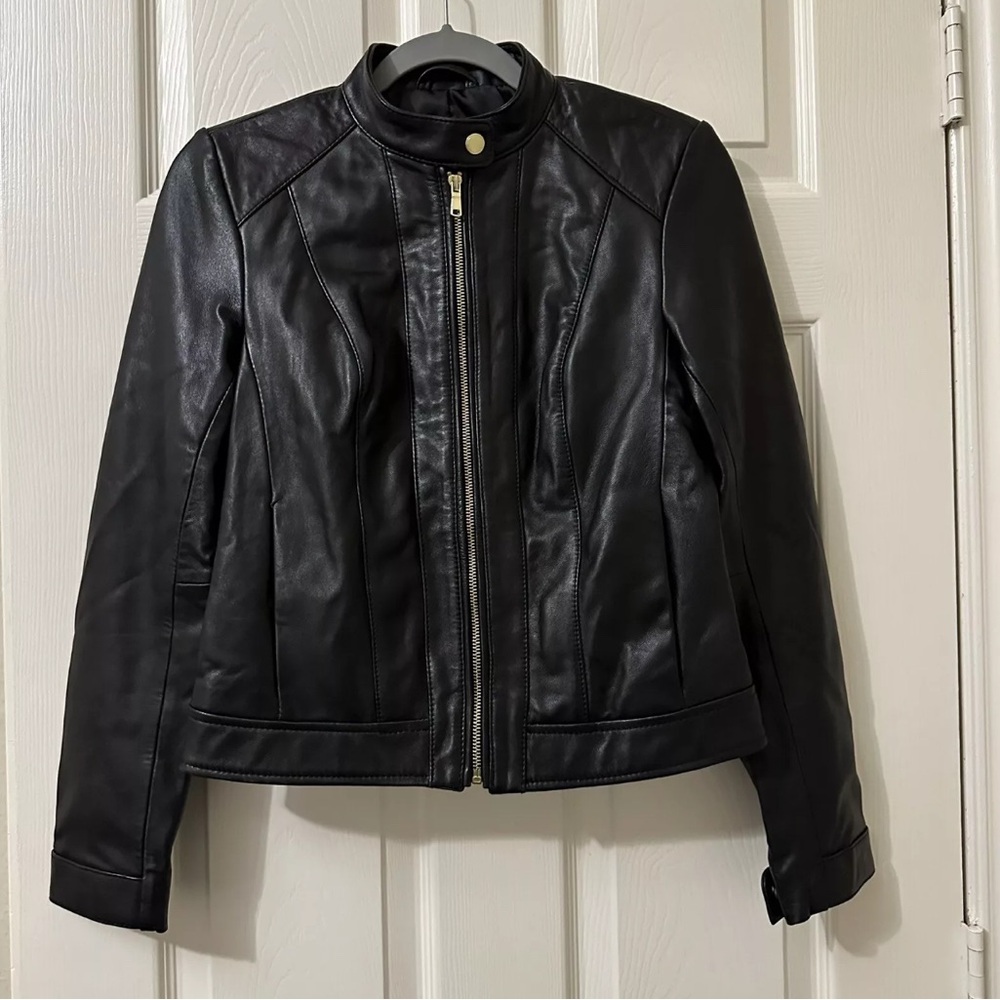 Women’s Cold Haan Genuine Lamb Skin Leather Zip Up Jacket Black Size XS damage